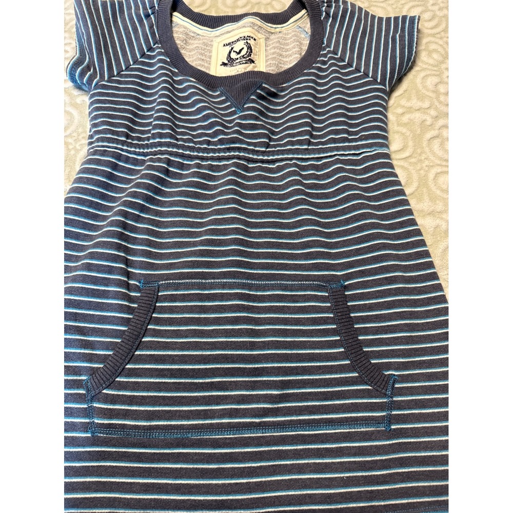American Eagle Striped Sweatshirt Dress Navy Teal Short Sleeve Kangaroo Pocket M